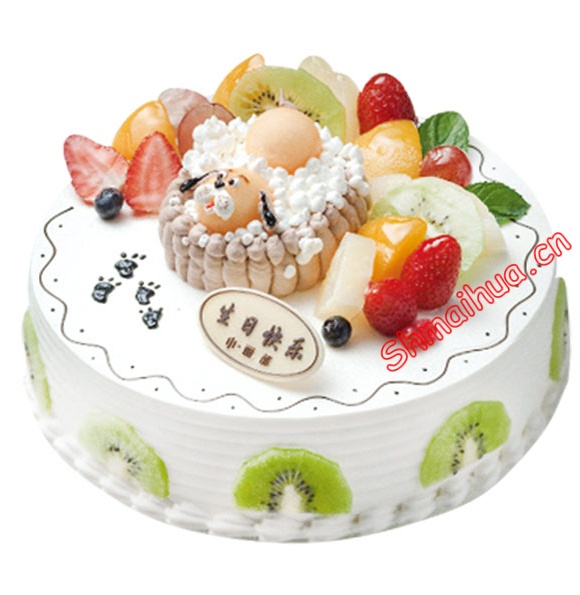 阳光青春-8寸/2磅 圆形水果蛋糕,水果搭配,小狗卡通造型,水果片围边