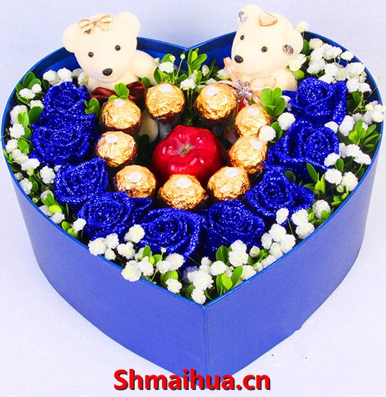 心心相印-9朵蓝玫瑰，9颗巧克力，1个苹果，随机赠送2个公仔，黄莺丰满，心型礼盒